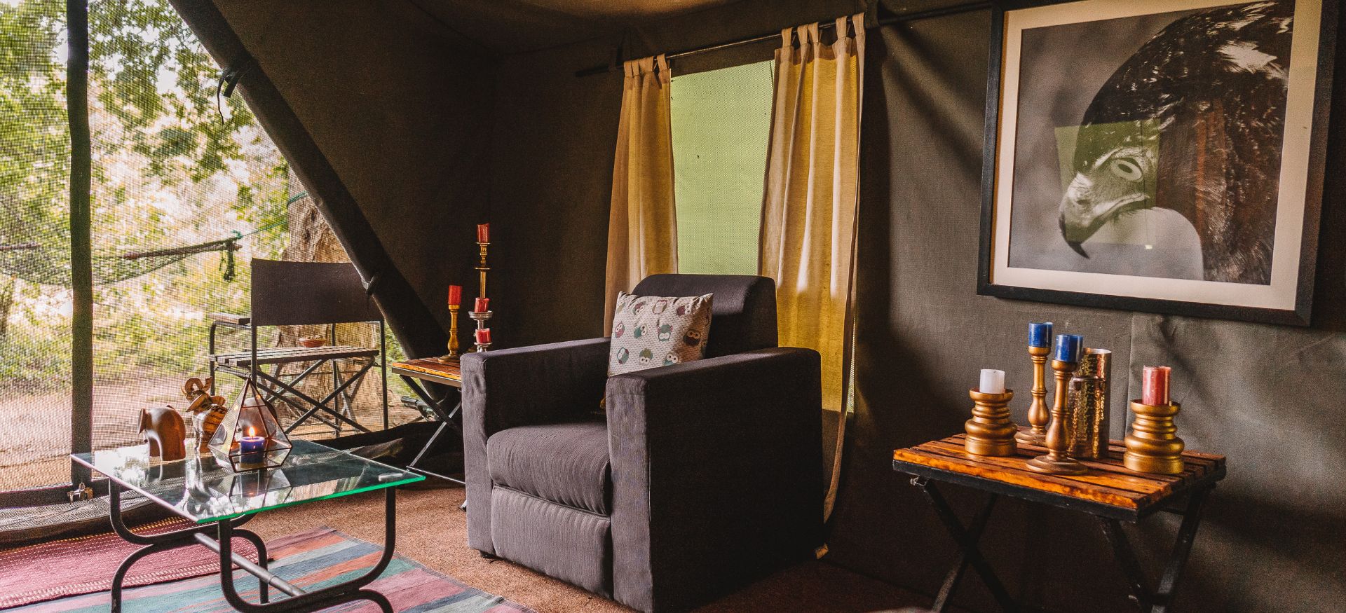 interior design of tent at mahoora tented safari camps udawalwe national park in sri lanka 